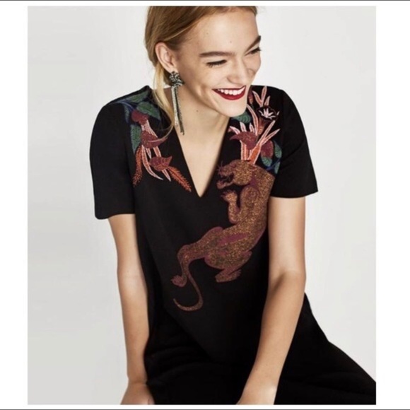 Zara metallic jaguar floral v-neck dress size small - Picture 2 of 10